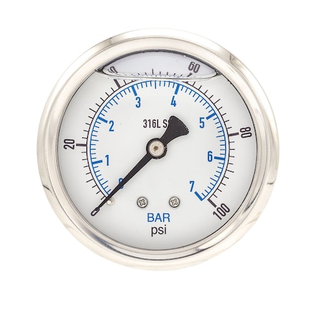 Pro 2 1/2 in Dial, 0/100 PSI & Bar, 1/4 in NPT, Back Mount Glycerin Filled Pressure Gauge PRO-302L-254E-01